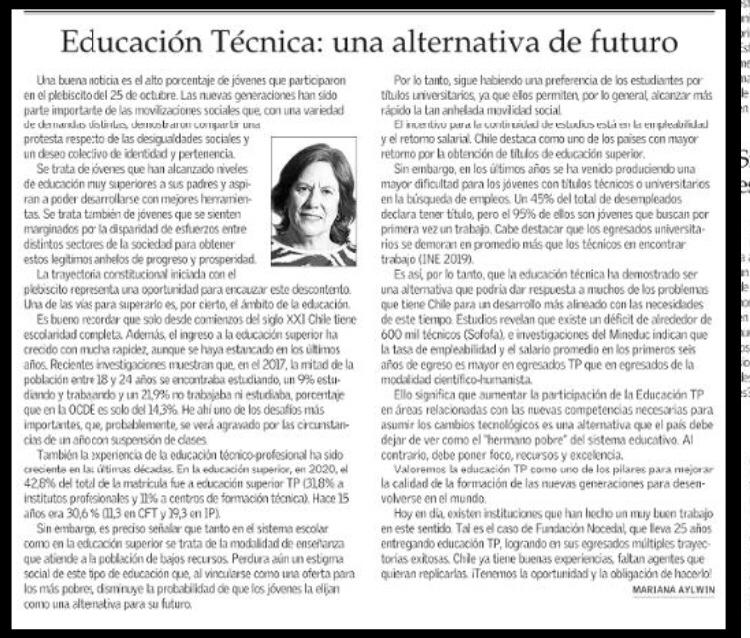 Columna de Mariana Aylwin en el diario El Mercurio destaca labor de Fundación Nocedal