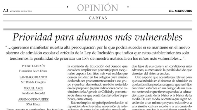 Columna de opinión El Mercurio: Prioridad para alumnos más vulnerables