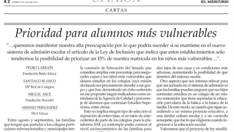 Columna de opinión El Mercurio: Prioridad para alumnos más vulnerables