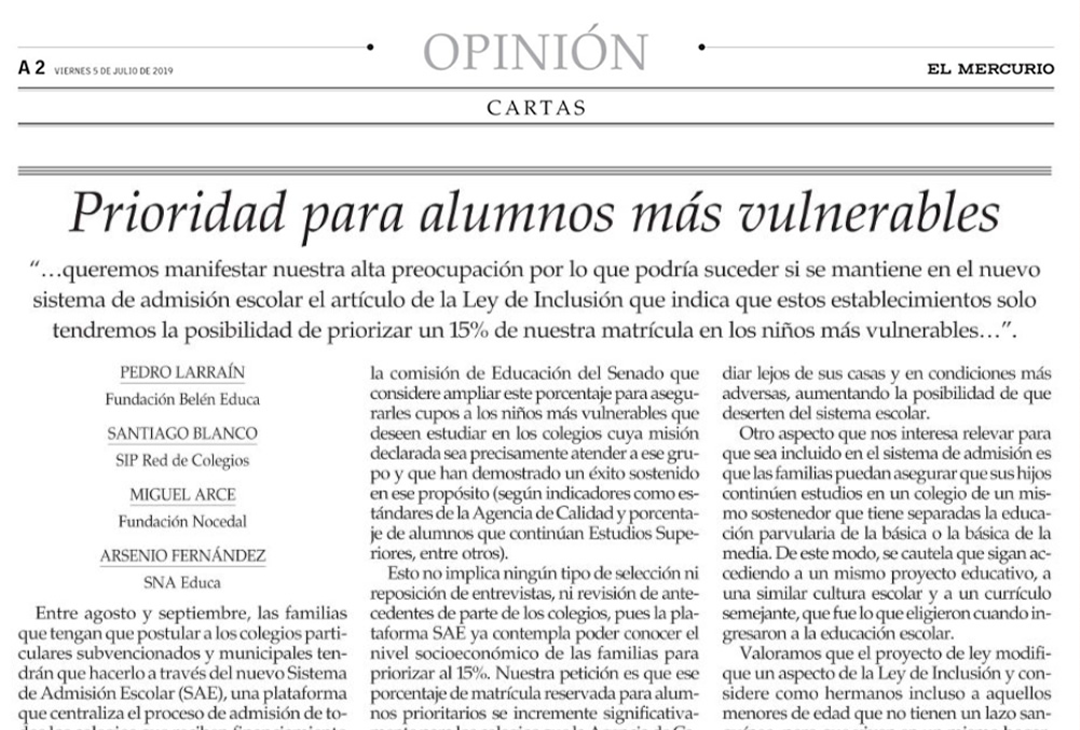 Columna de opinión El Mercurio: Prioridad para alumnos más vulnerables