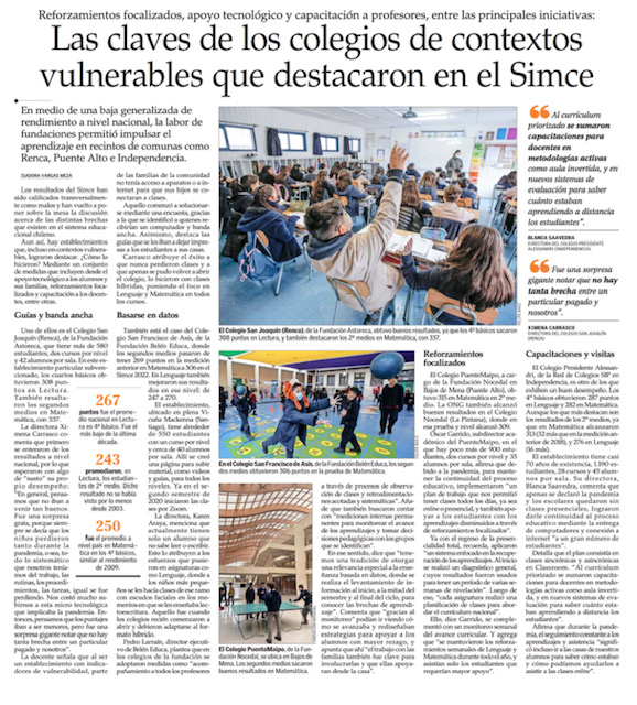 El Mercurio destaca los buenos resultados de los colegios de Fundación Nocedal en el SIMCE 2022